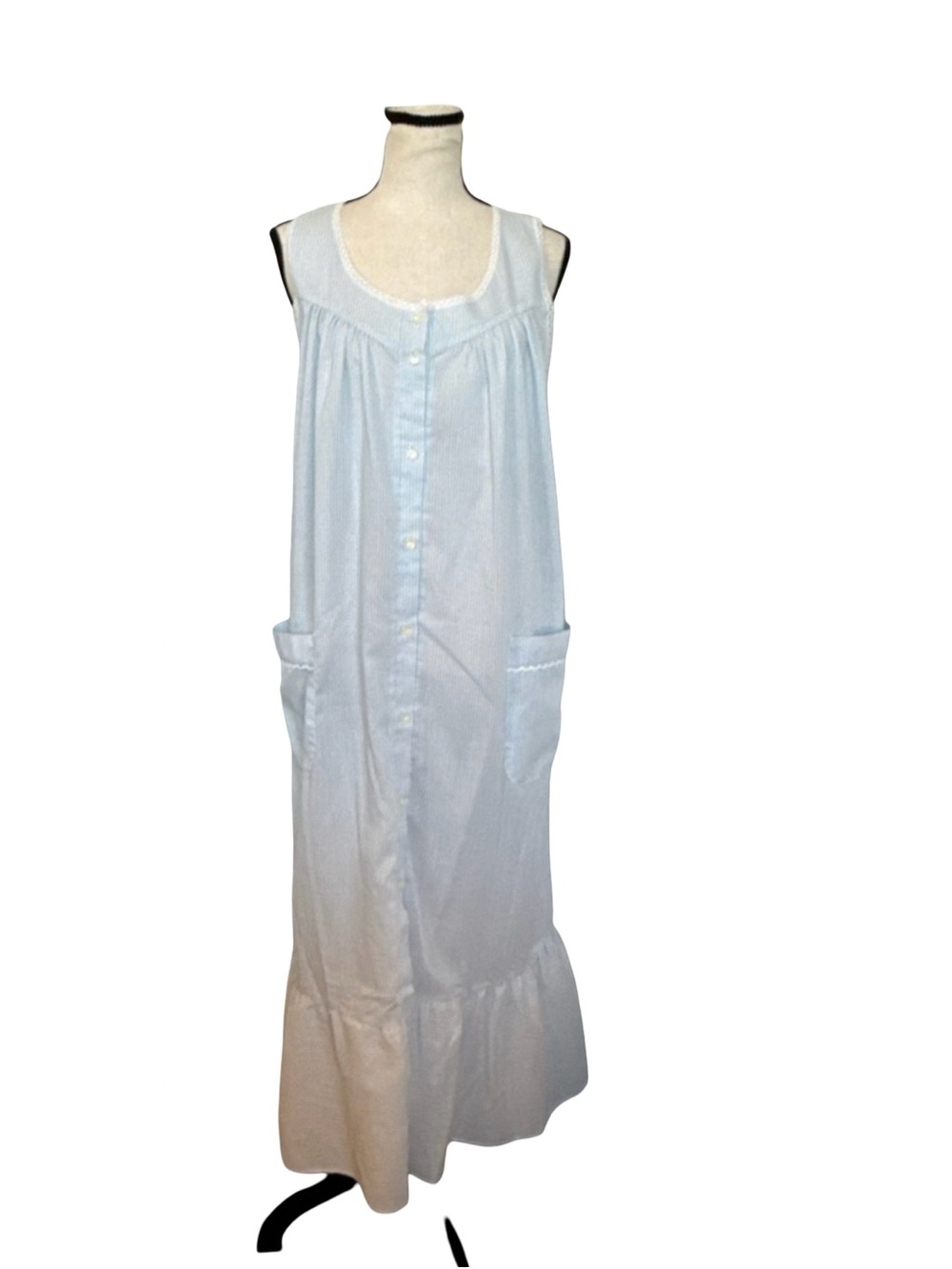 Vtg Barbizon Nightgown Women Small Blue Stripe Button Front Pockets House Dress